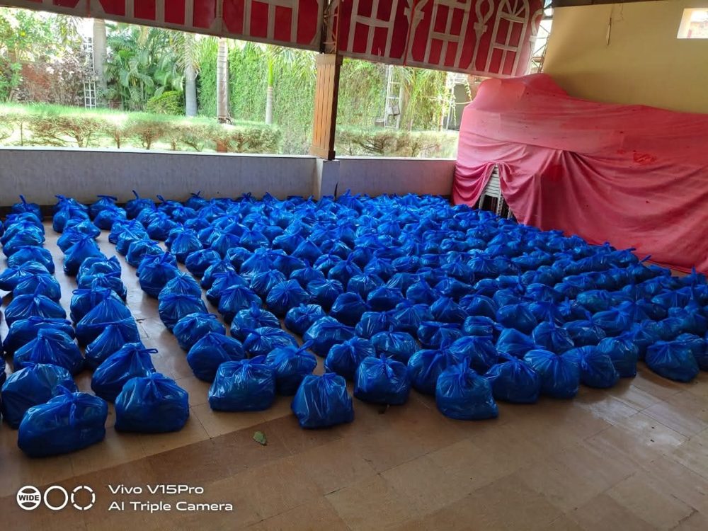 Hundreds of grocery bags ready for distribution